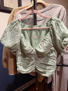 Lush Mint Green Puff Sleeve Ruched Crop Top